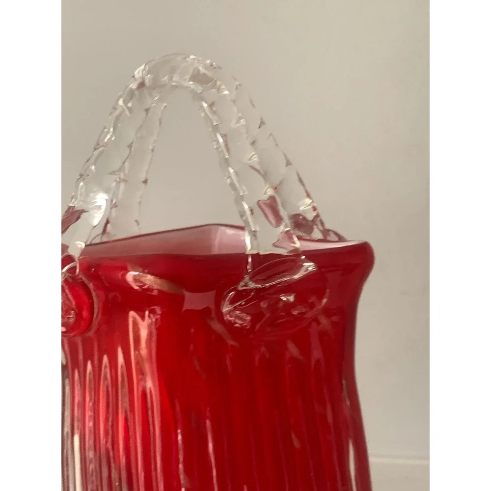 Hand Blown Red Glass Purse Vase Gold‎ Aventurine Flecks Ribbed Art Glass Handbag